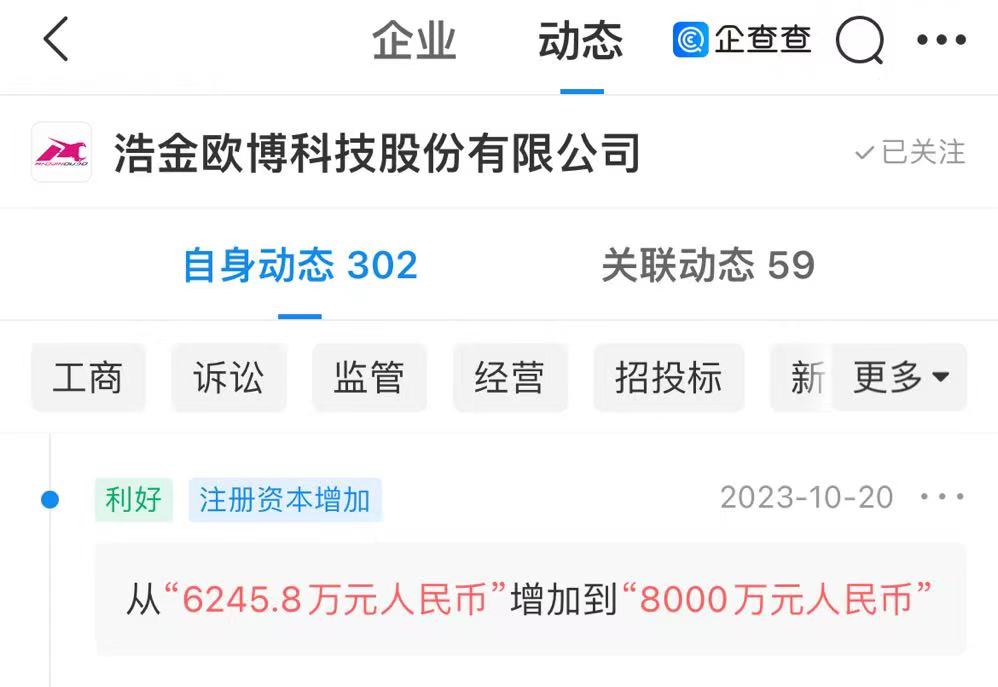 浩金欧博注册资本从6245.8万元增至8000万元，增幅28%[20240421更新]