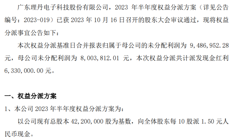 理丹电子2023年半年度权益分派每10股派现1.5元共计派发现金红利633万元[20240421更新]