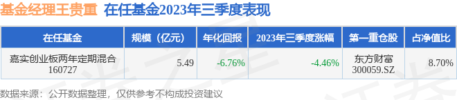 王贵重2023年三季度表现，嘉实创业板两年定期混合基金季度跌幅4.46%[20240426更新]