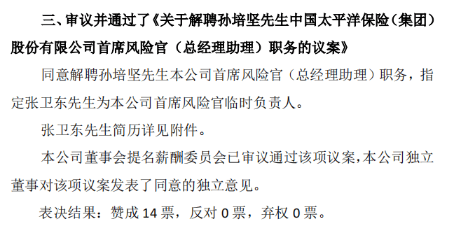 中国太保：解聘孙培坚首席风险官职务？张卫东任首席风险官临时负责人