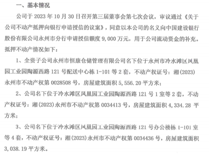 恒康药房拟向银行申请9000万授信公司以不动产作抵押