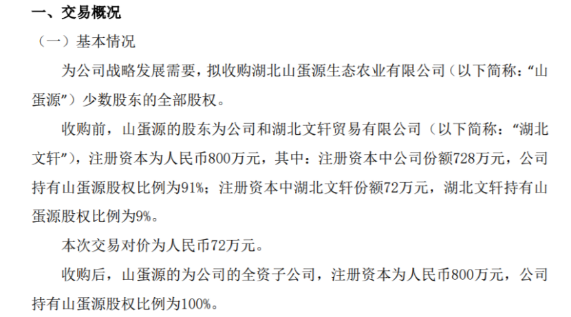 晨科农牧拟以对价72万收购山蛋源少数股东的全部股权