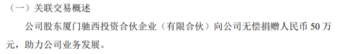 ST悠车位股东厦门驰西投资合伙企业（有限合伙）向公司无偿捐赠50万