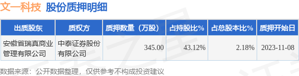 文一科技（600520）股东安徽省瑞真商业管理有限公司质押345万股，占总股本2.18%