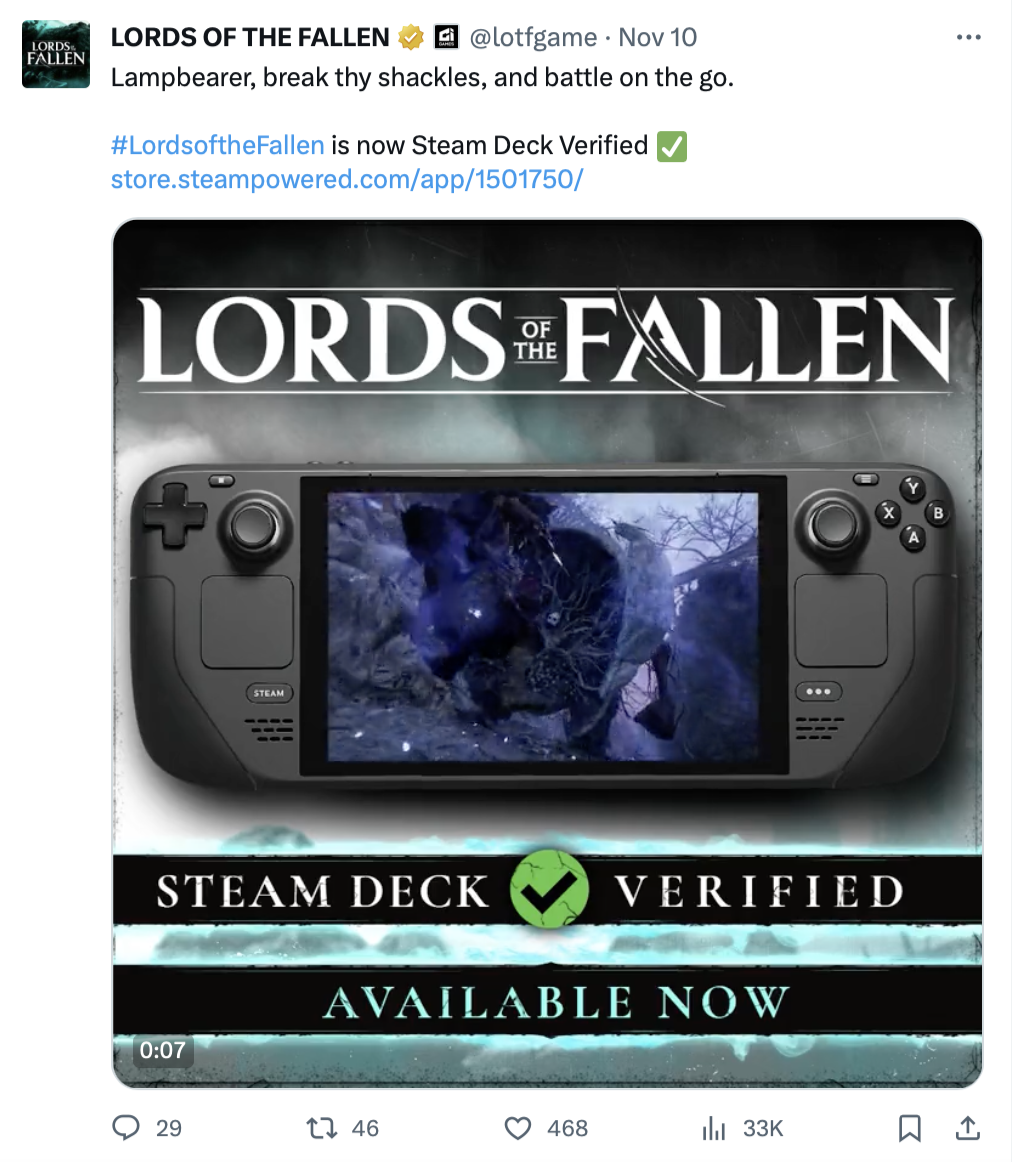 《堕落之主》通过 Steam Deck 掌机兼容认证，最新游戏补丁优化 HDR 等内容