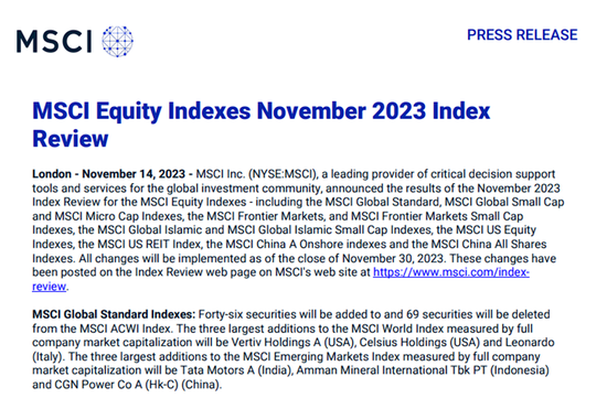 MSCI公布11月季度调整结果 新增17只A股标的(附名单)