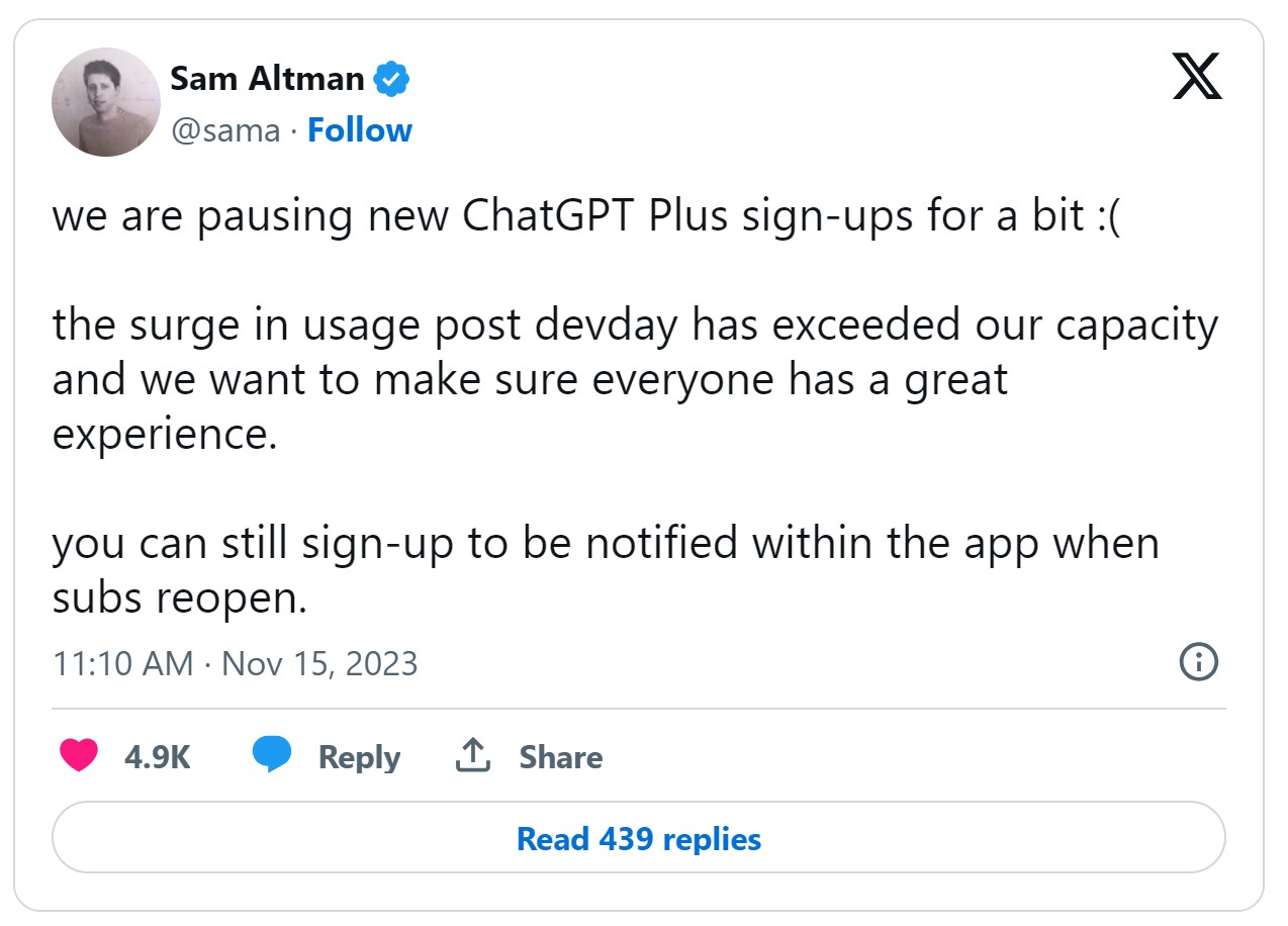 OpenAI为应对巨大需求暂停其付费ChatGPT Plus服务新用户注册