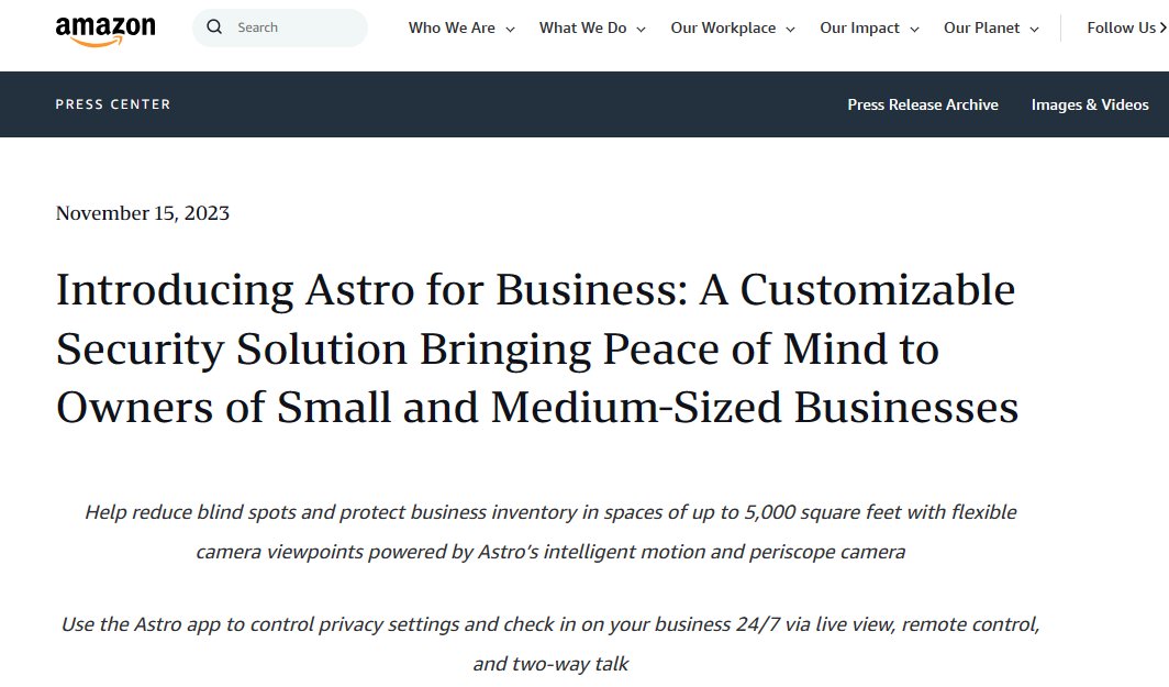 用智能机器人对抗盗窃等犯罪 亚马逊推出Astro for Business