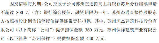 旭杰科技控股子公司拟向银行申请不超过800万授信