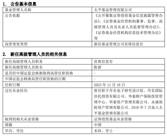 陈新任太平基金首席信息官