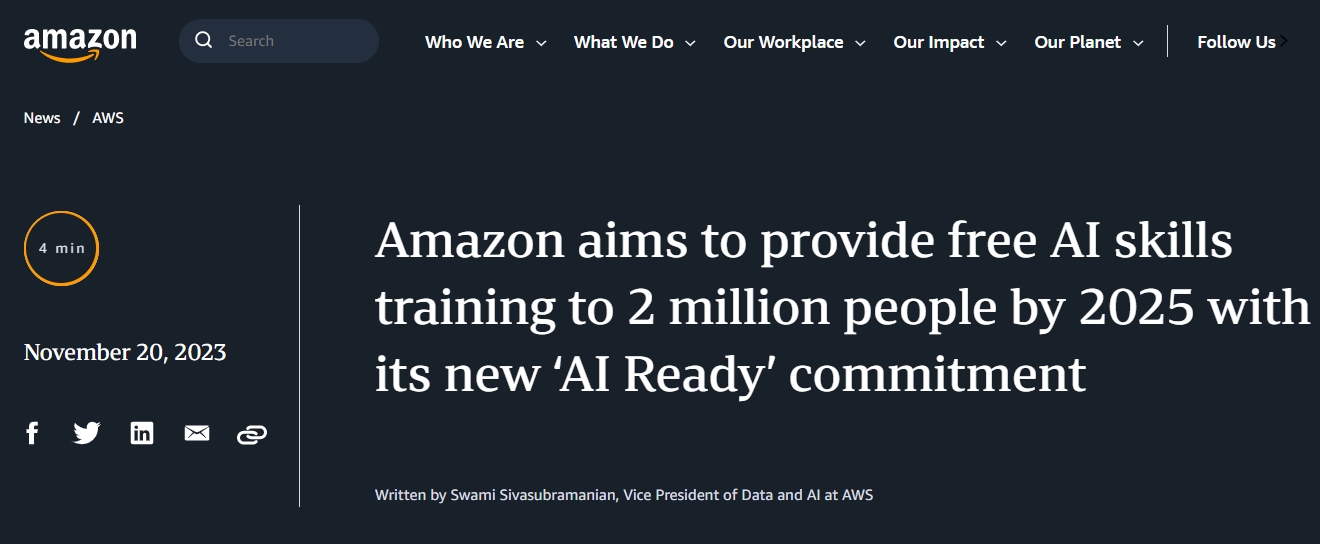 为全球200万人提供免费AI技能培训 亚马逊推出AI Ready计划