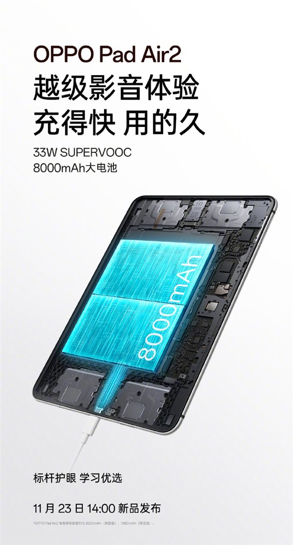 OPPO Pad Air2参数公布：2.4K屏、8000mAh大电池