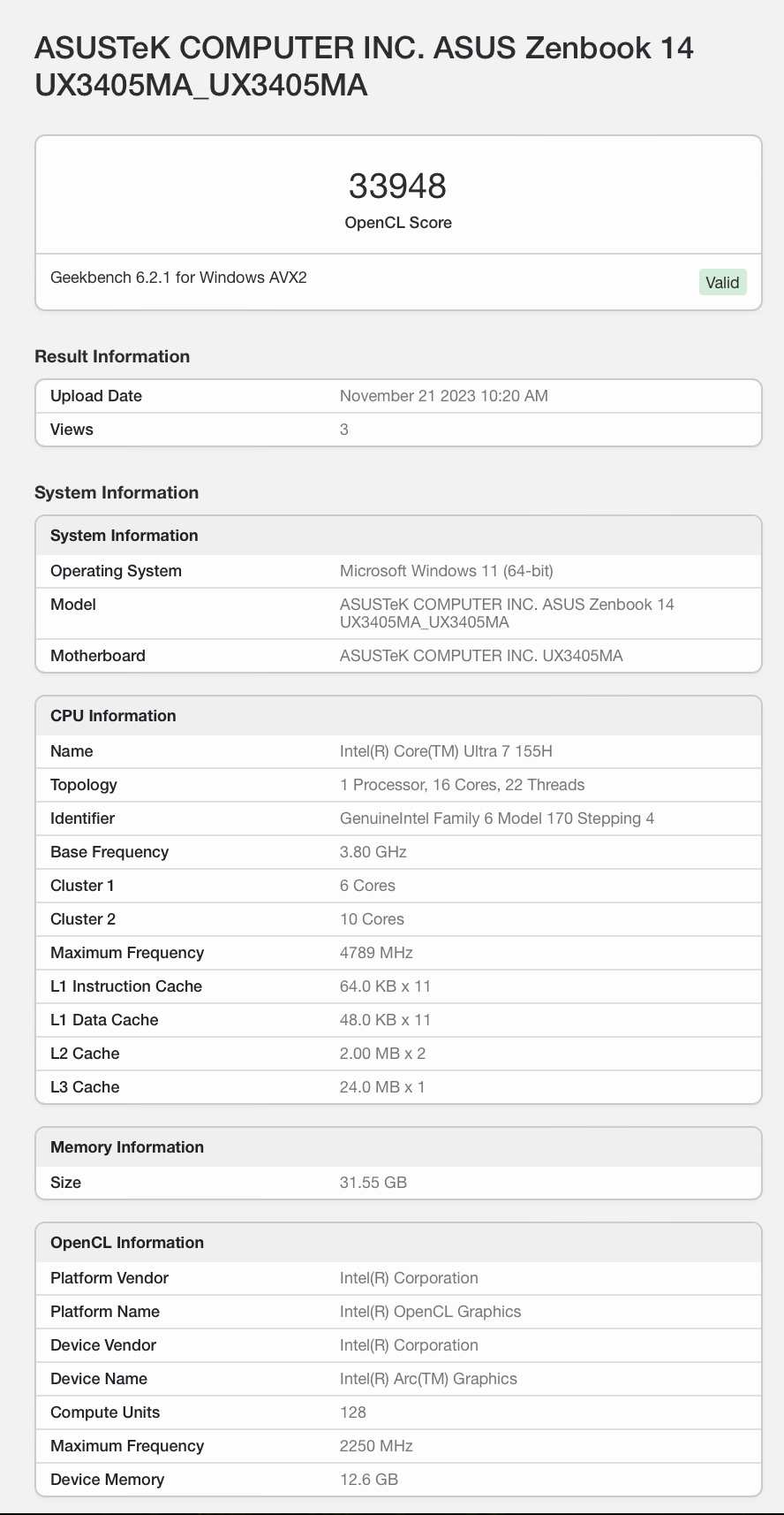 英特尔 Ultra 7 155H 核显 Geekbench 跑分超 AMD R7 7840HS