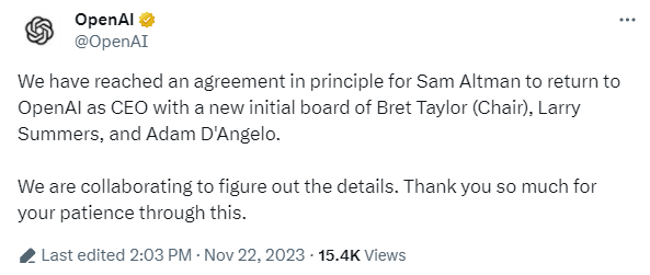 OpenAI内斗风波或迎结局：Sam Altman将回归OpenAI担任CEO