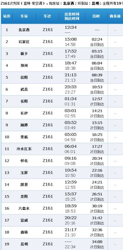 z161次列车时刻表查询,z161列车时刻表及票价