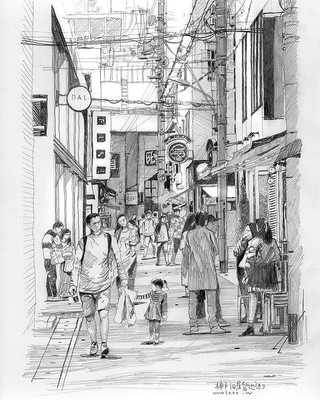 城市街景素描，城市街道素描画