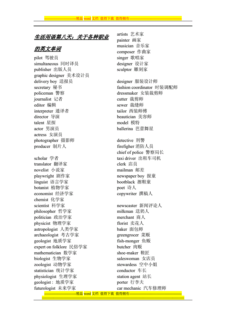 20个职业的单词，各种职业的英语单词60个初二