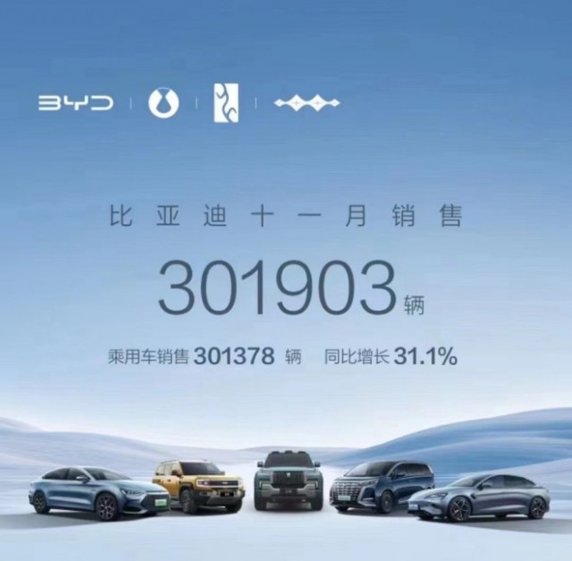 比亚迪11月销量30.19万辆，方程豹、仰望品牌迎来交付