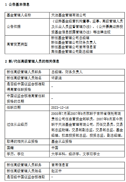 天治基金副总经理许家涵升任总经理 新任赵正中为首席信息官