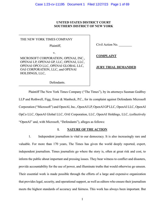 纽约时报以版权为由起诉微软和 OpenAI