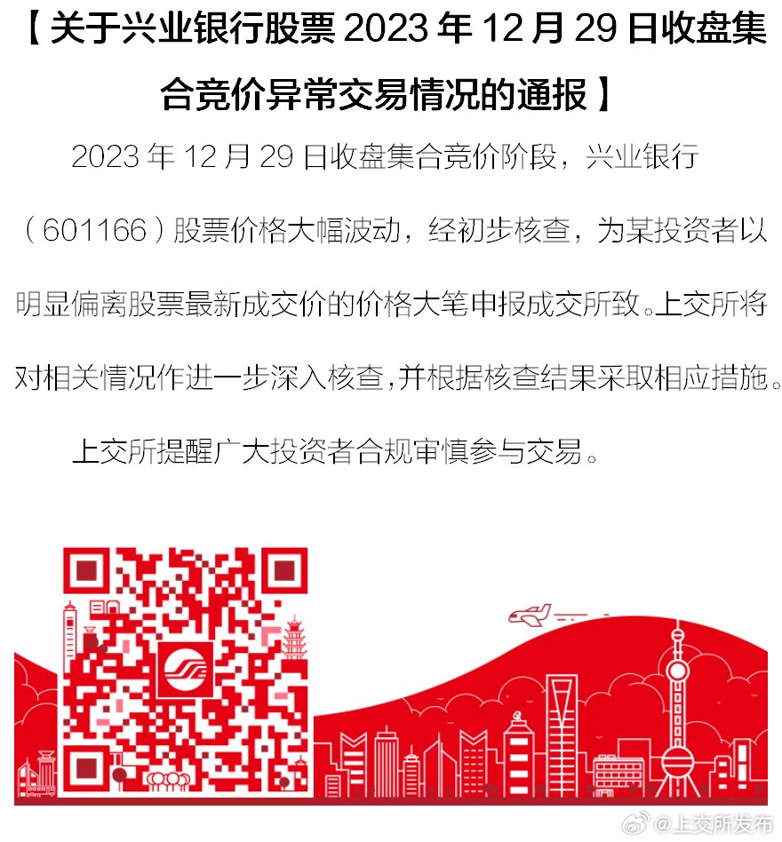 上交所：兴业银行收盘集合竞价异常为某投资者以明显偏离股票最新成交价的价格大笔申报成交所致