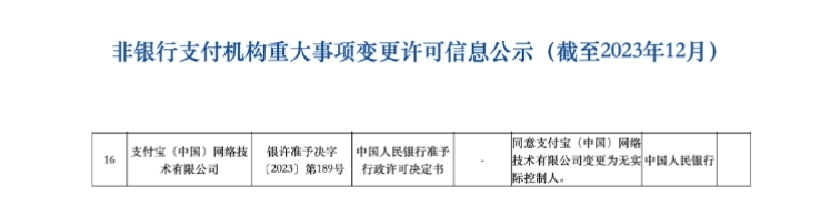 重磅！央行同意：支付宝变更为无实际控制人